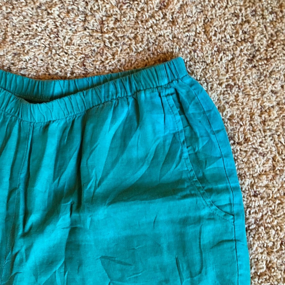 FLAX 100% Linen Pants Rainforest Green Cropped Capri Elastic Waist Size SMALL - Picture 5 of 10